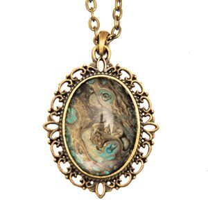 Handmade Abstract Pendant Necklace –Gold and Turquoise in a Filigree Oval Frame